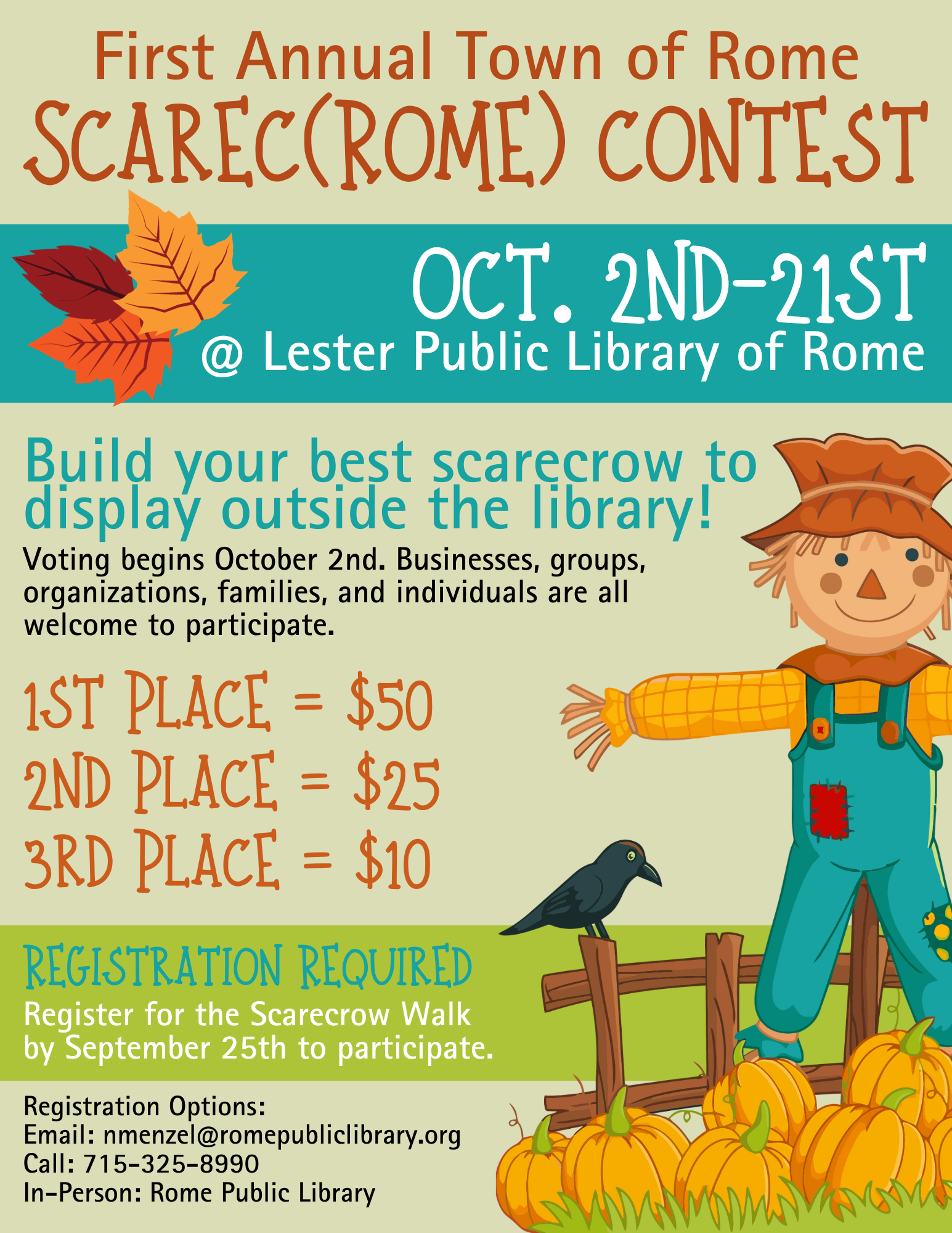Image of scarecrow in a field of pumkins with text about the event (same information in event description)