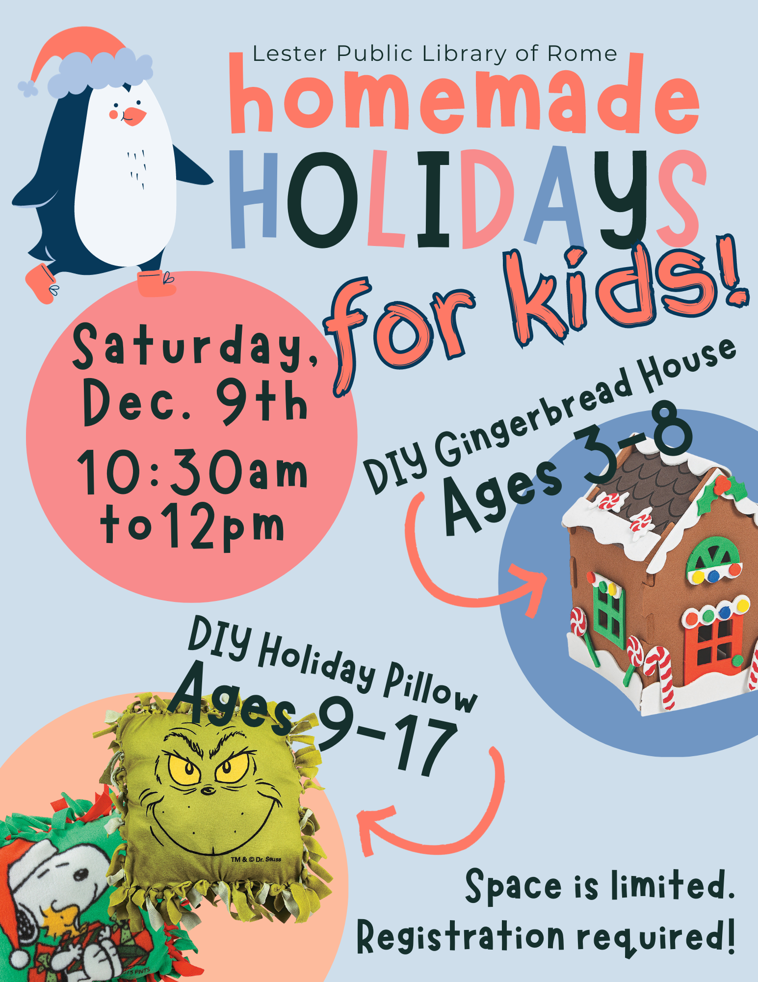 Photo of penguin with examples of DIY activities: gingerbread house and pillows