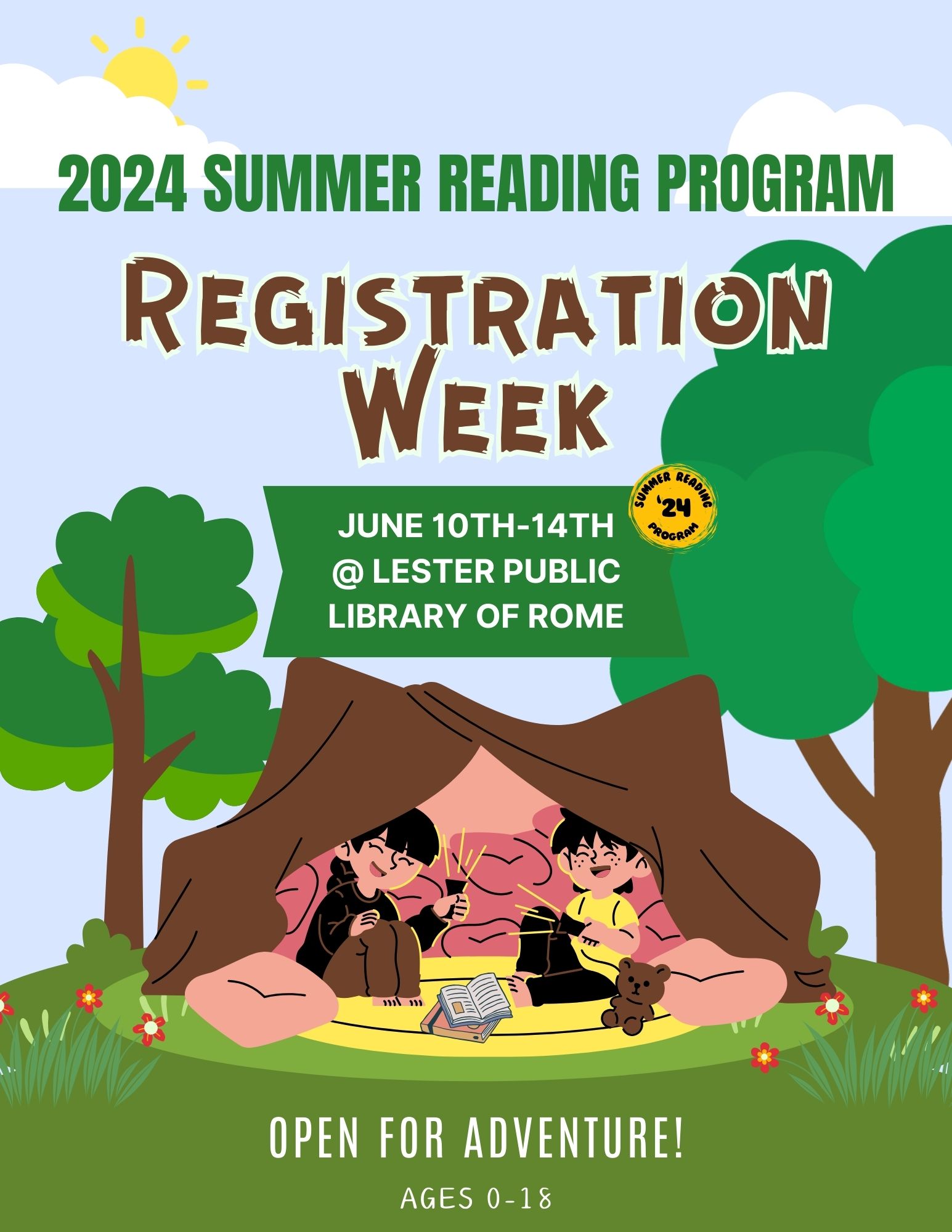 Registration Week June 10th-June 14th @ Lester Public Library of Rome. Must be between the ages of 0-18.