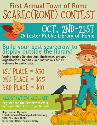 Image of scarecrow in a field of pumkins with text about the event (same information in event description)