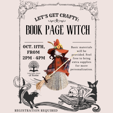 Image of witch made from old book pages with black cats in the background