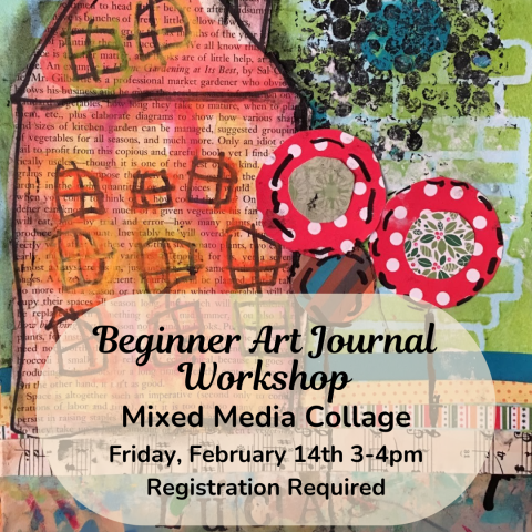 Image of mixed media collage, including pink house with book page background, green brick stencil, black polka dots, and other abstract shapes