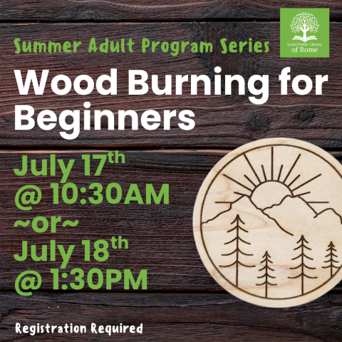 Image of wooden coaster with mountains, trees, and a sun wood burned onto the coaster